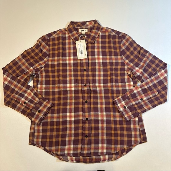 NWT Pact 100% Organic Cotton Mila Maroon Plaid Button Up Flannel Shirt Autumn - Picture 1 of 10